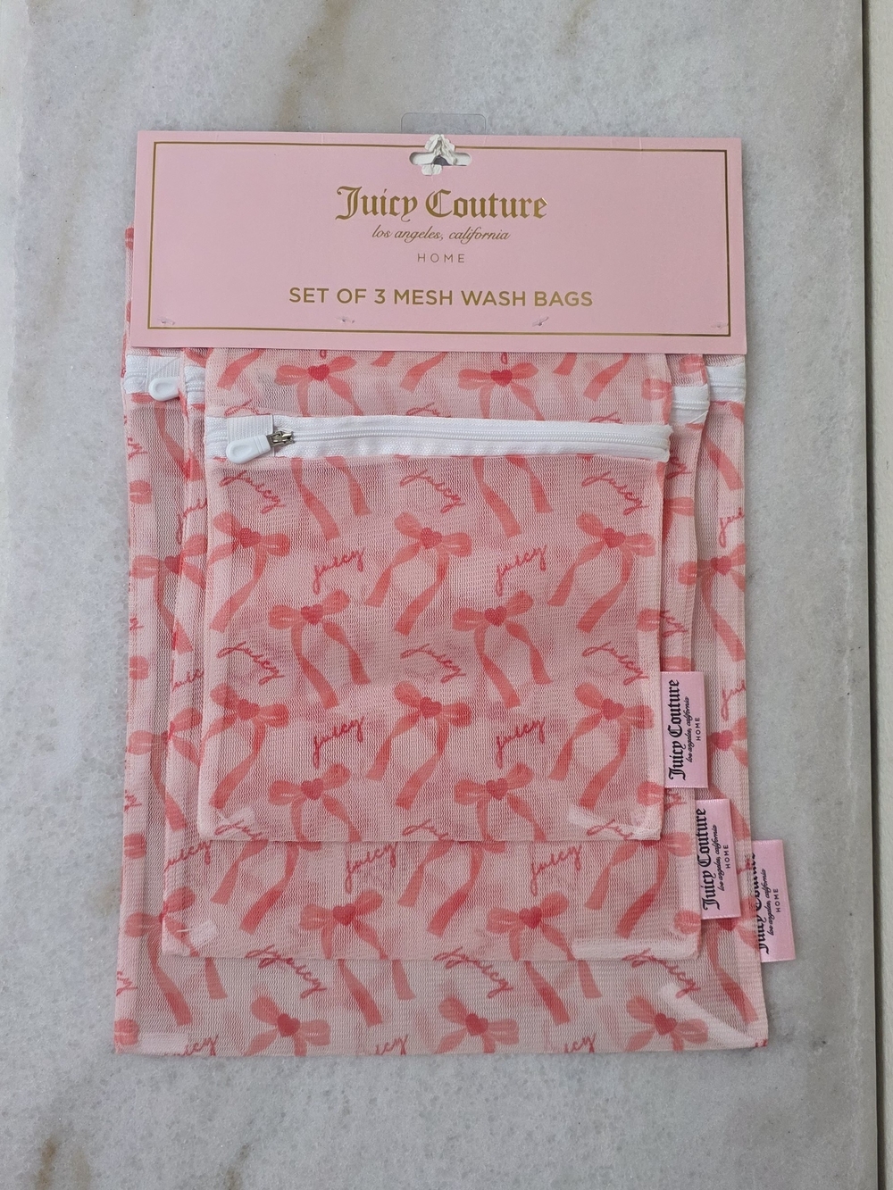 Juicy Couture Home Set of 3 Mesh Wash Bags Pink Bow Print NWT